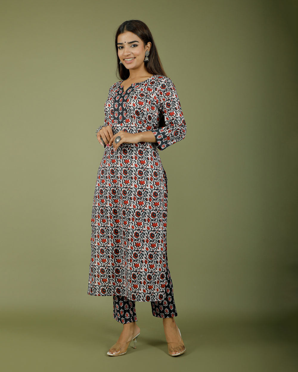 Black/Red Floral Hand Block Printed Kurta Pant Set