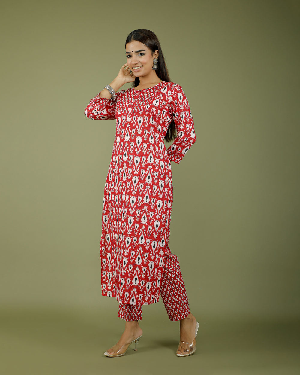 Apple Red Abstract Hand block Printed Cotton Kurti Pant Set