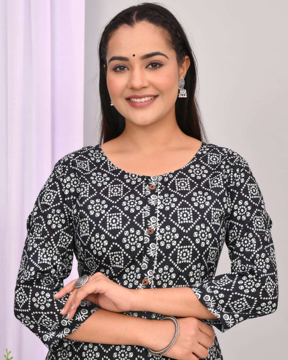 Black Hand block Printed Cotton Kurti Pant Set