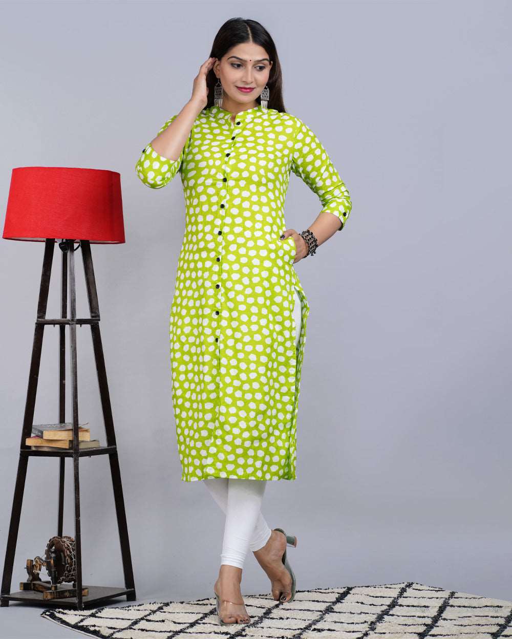 Lawn Green Block Printed Knee Length Cotton Kurti
