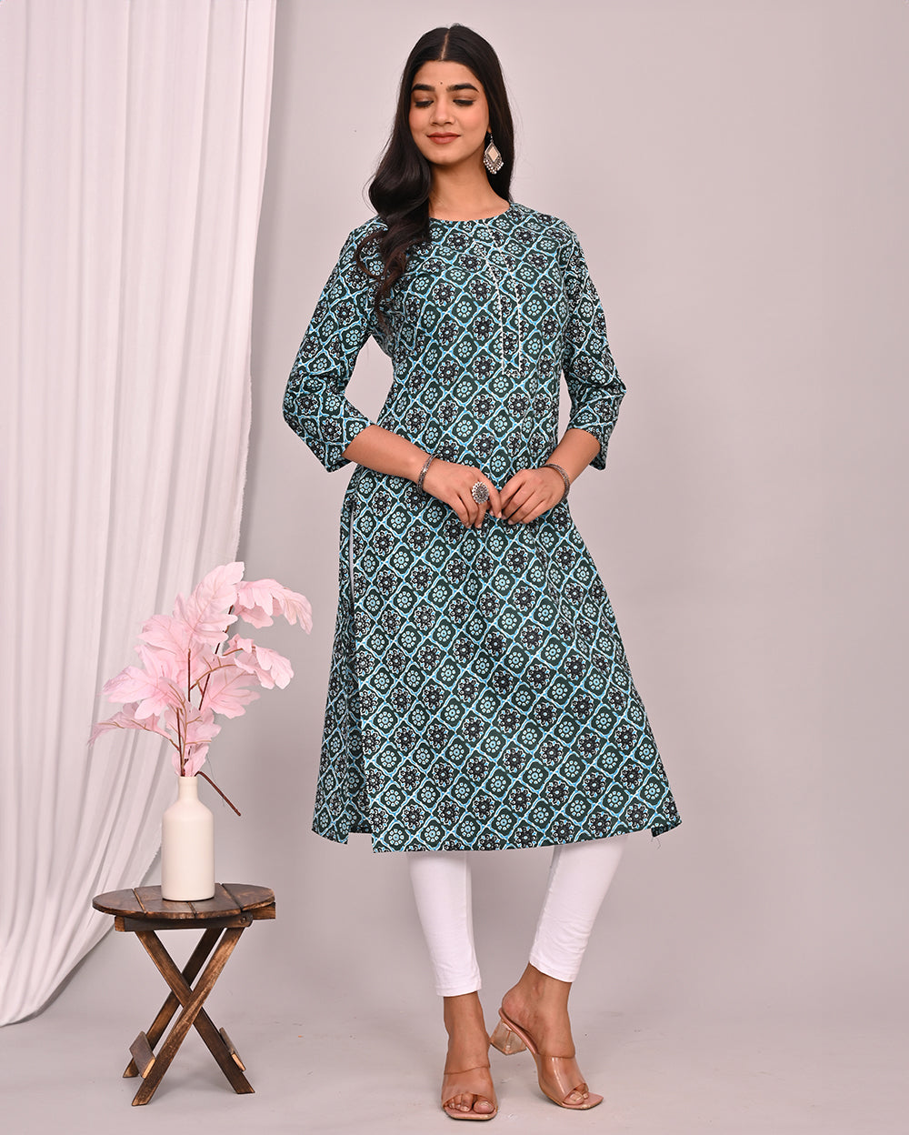 Dark Ocean Blue Ajrakh Block Printed Knee Length Cotton Kurti