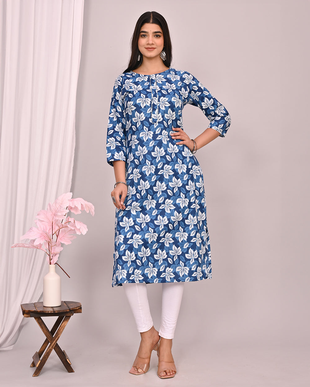 Blue Floral Block Printed Knee Length Cotton Kurti