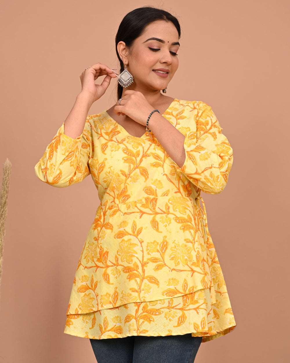 Yellow Mustard Floral Block Printed Angrakha Style Short Kurti
