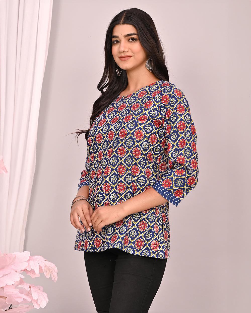 Red & Blue Ajrakh Block Printed Short Kurti/Top