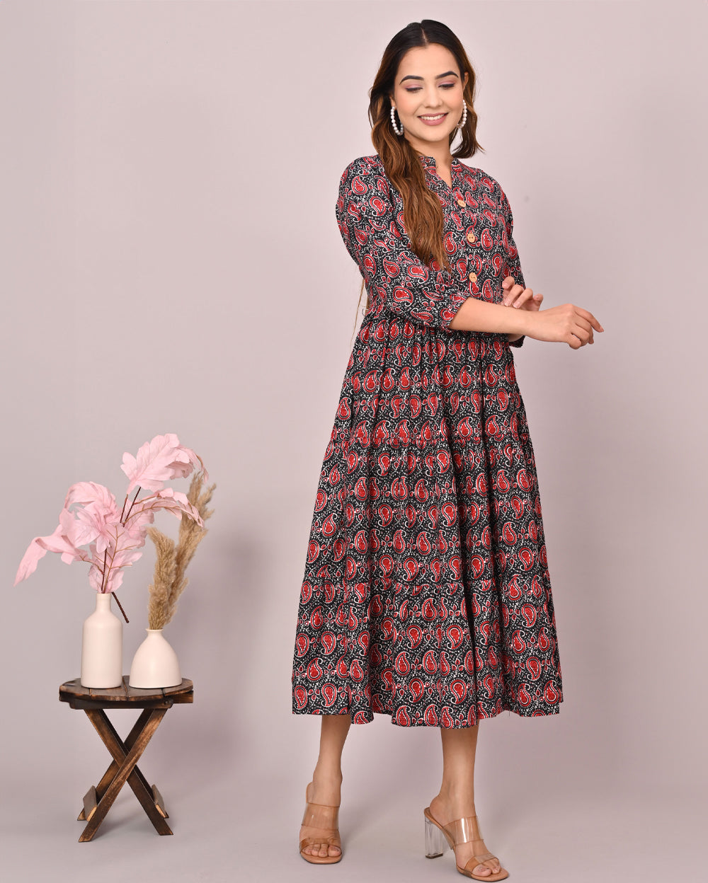 Black Red Paisley Printed Dress