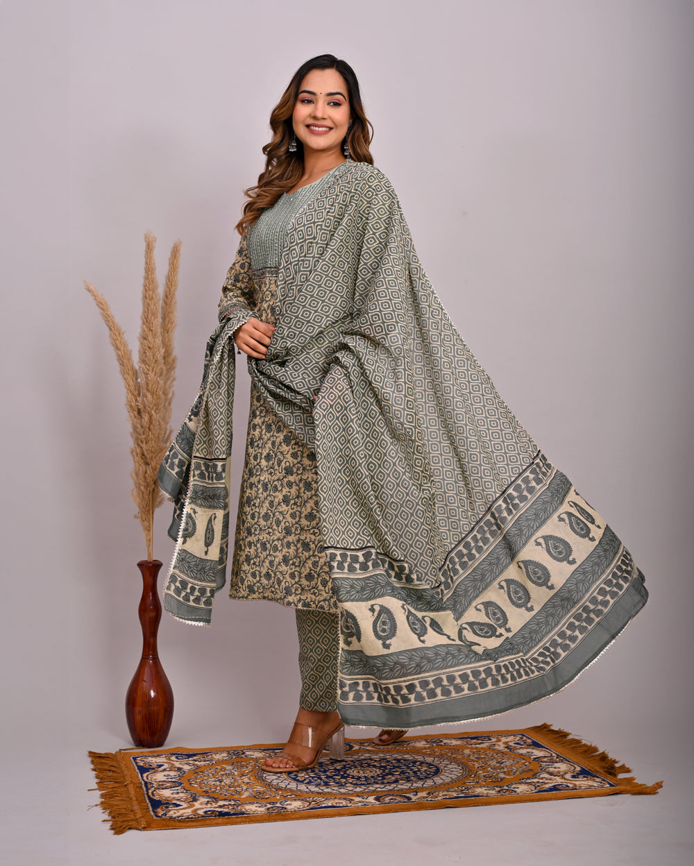 Embroidery Printed Cotton Suit Set With Dupatta