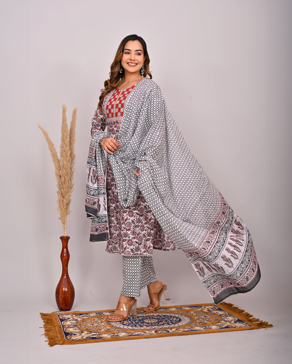 Embroidery Printed Cotton Suit Set With Dupatta