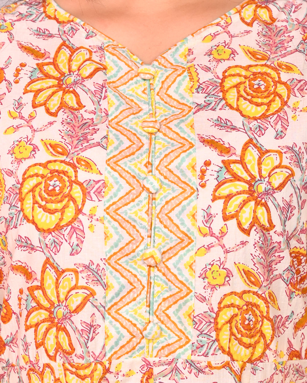 Yellow Floral Printed Cotton Anarkali Suit Set With Dupatta