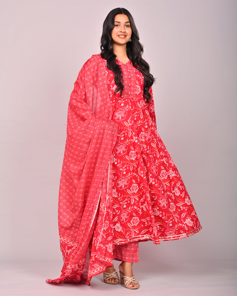 Red Floral Printed Cotton Anarkali Suit Set With Dupatta