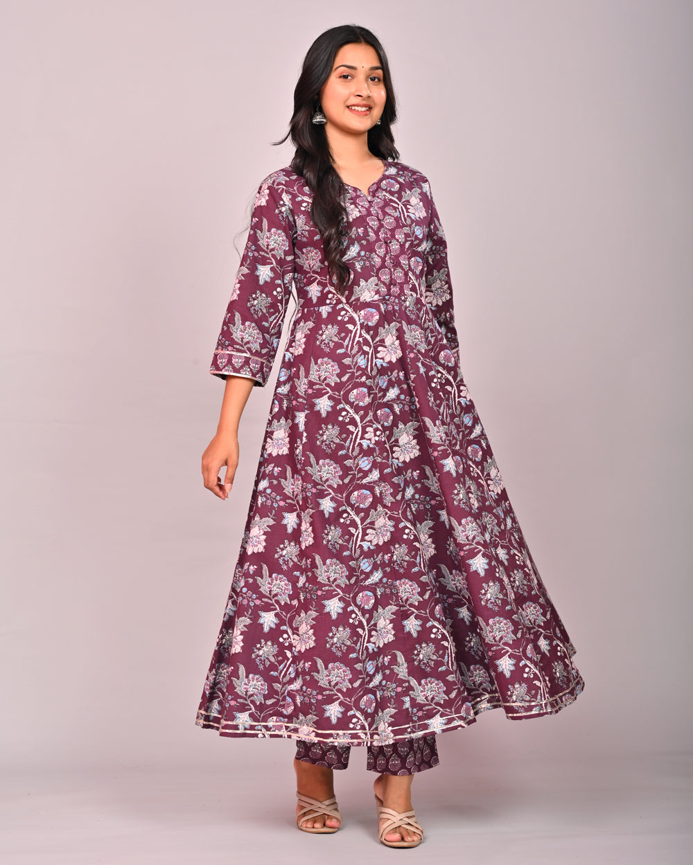Red Floral Printed Cotton Anarkali Suit Set With Dupatta