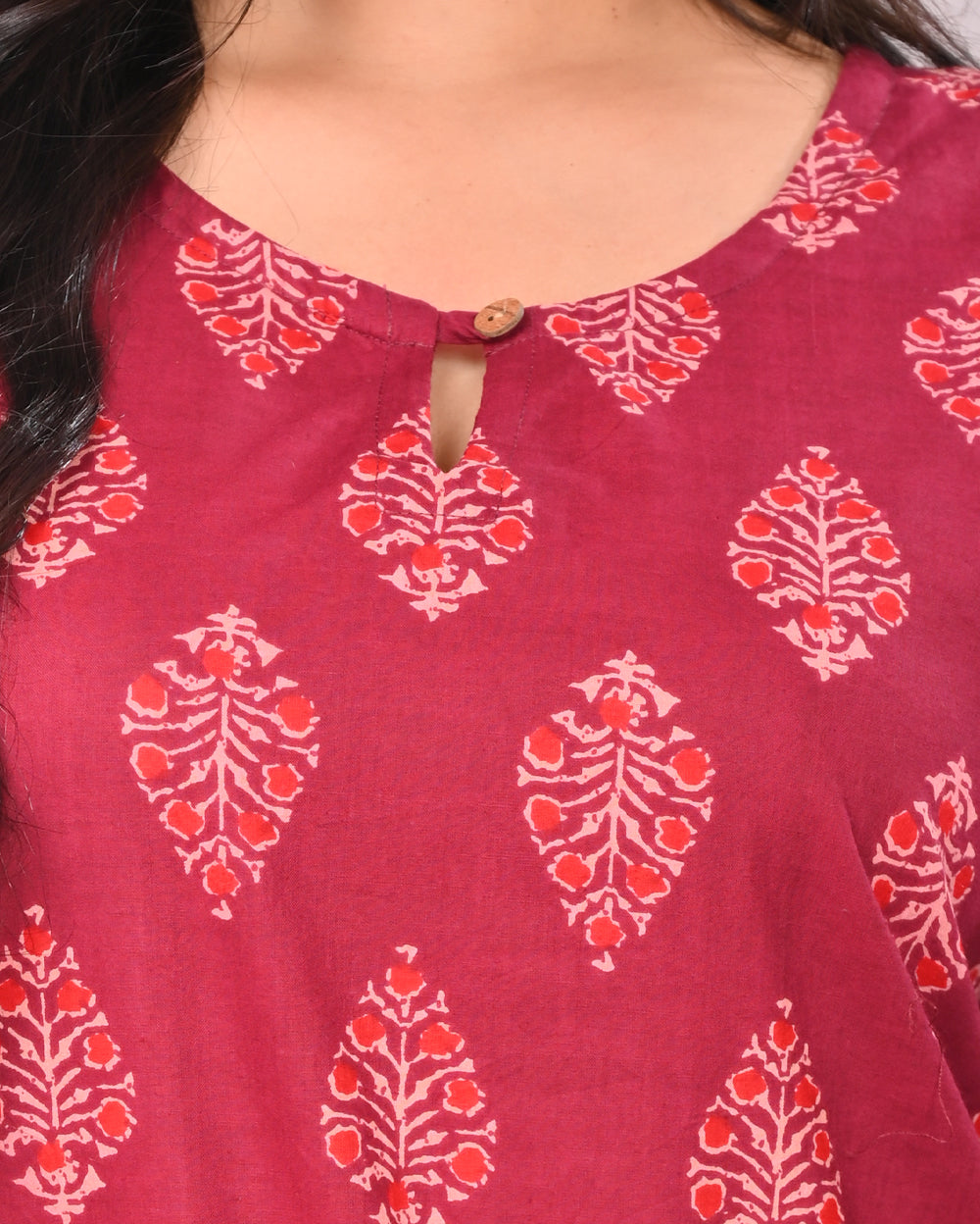 Wine Butil Block Printed Cotton Short Top