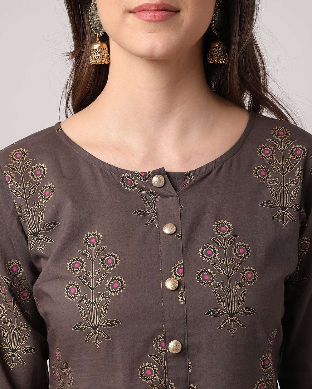 Dark Brown Floral Buti Hand block Printed Cotton Dress