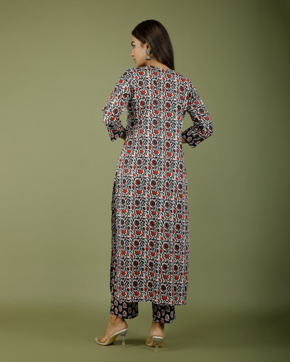 Black/Red Floral Hand Block Printed Kurta Pant Set