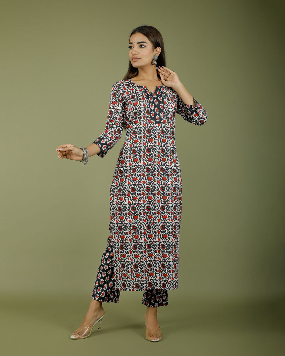 Black/Red Floral Hand Block Printed Kurta Pant Set