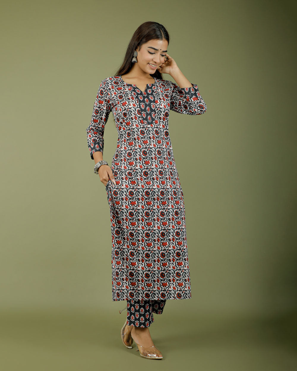 Black/Red Floral Hand Block Printed Kurta Pant Set