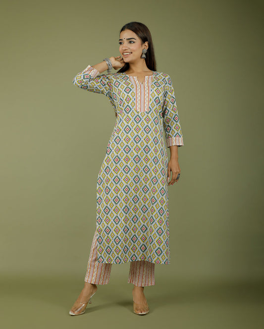 Natural Green Abstract Hand block Printed Cotton Kurta Pant Set
