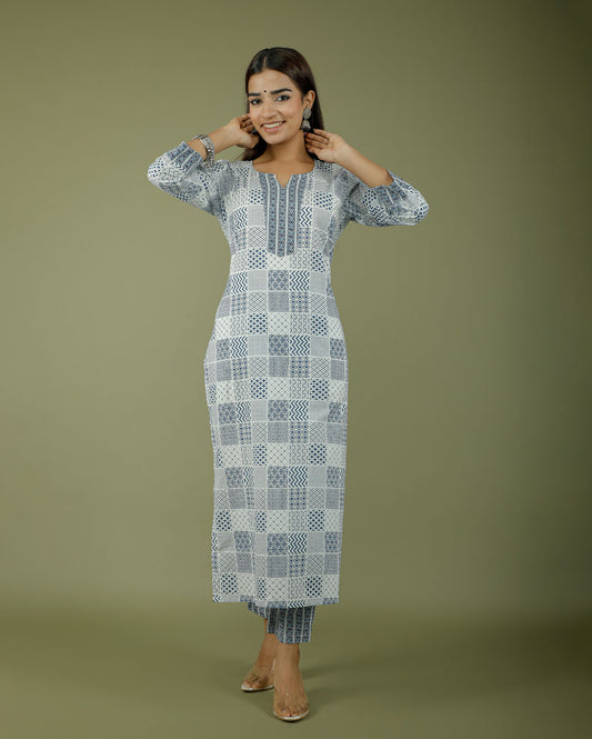 Midnight Blue Checks Hand block Printed Cotton Kurti pant set