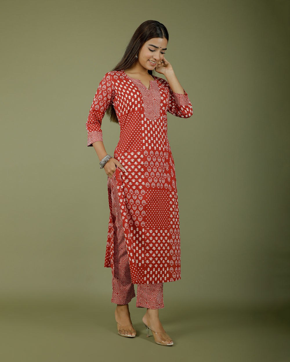 Cherry Multi Design Hand block Printed Cotton Kurti Pant Set