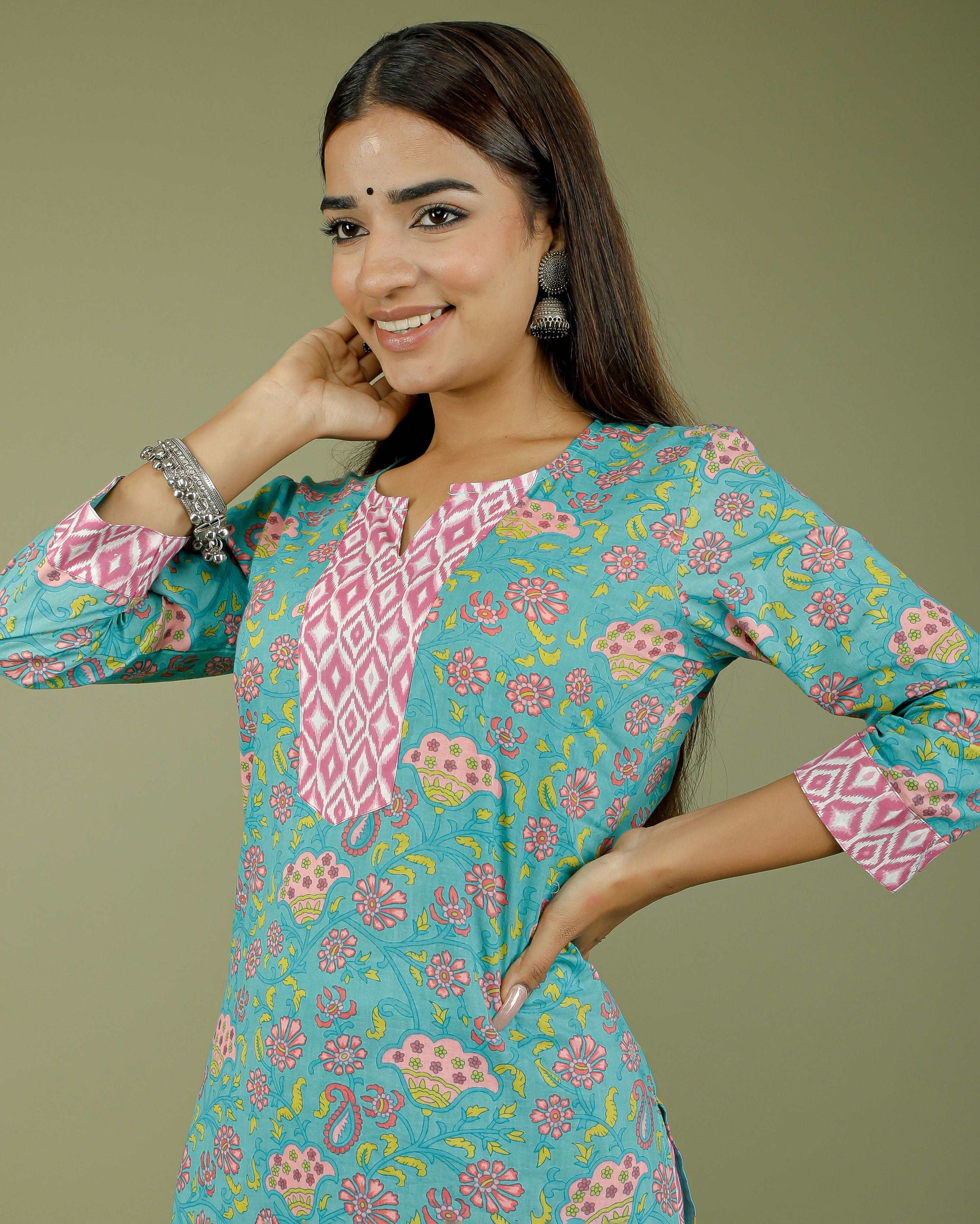 Turquoise With Pink Floral Hand block Printed Cotton Kurti Pant Set