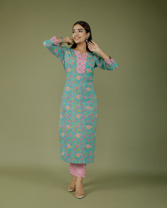 Turquoise With Pink Floral Hand block Printed Cotton Kurti Pant Set