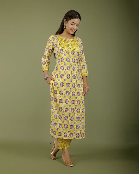 Cool Yellow Mandala Hand block Printed Cotton Kurti Pant Set