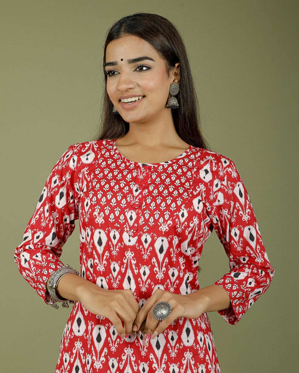 Apple Red Abstract Hand block Printed Cotton Kurti Pant Set