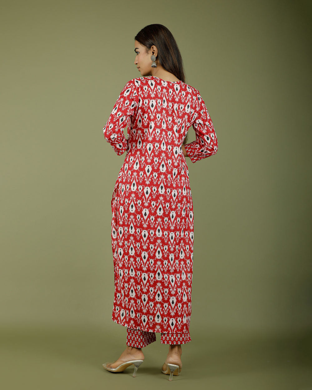 Apple Red Abstract Hand block Printed Cotton Kurti Pant Set