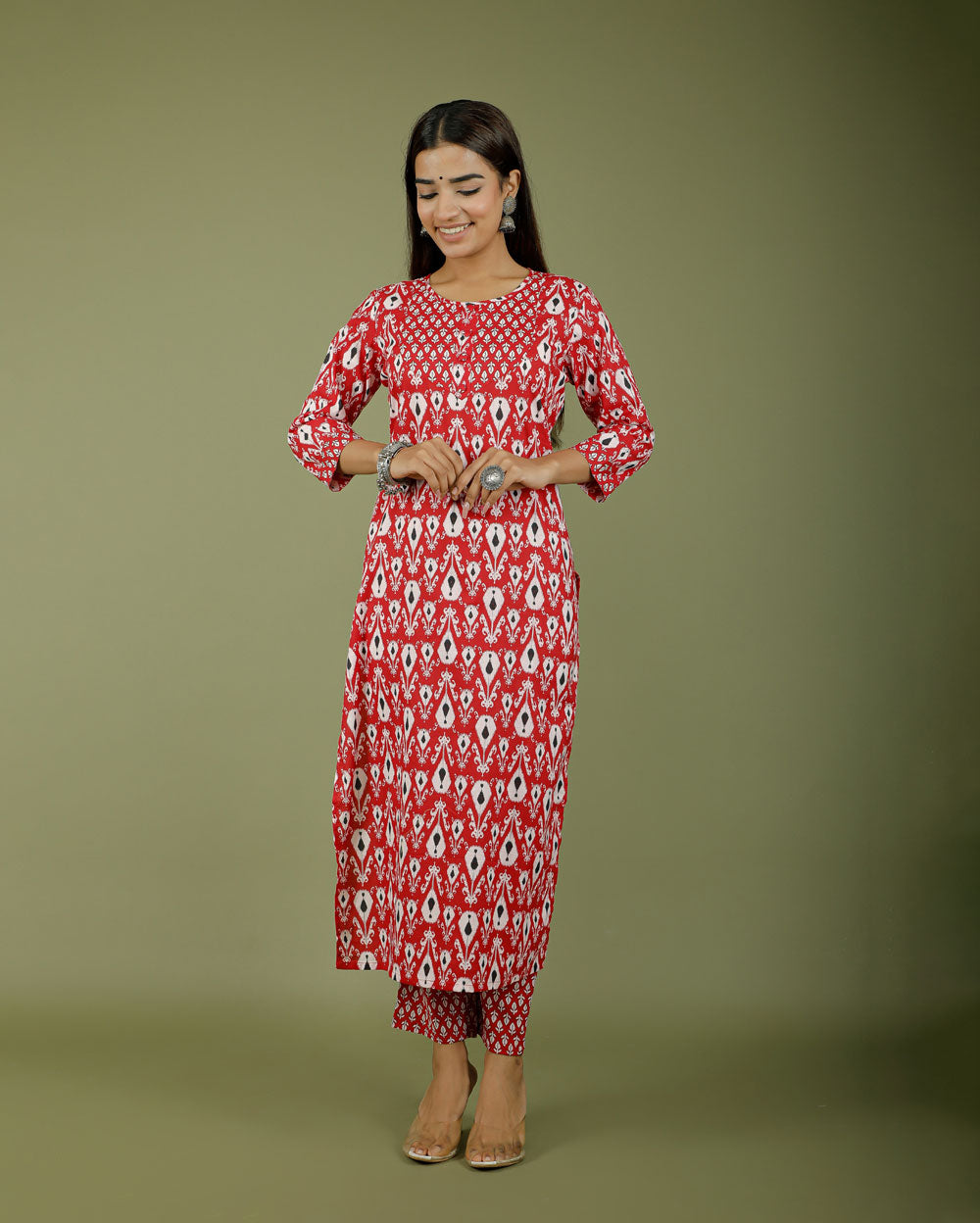 Apple Red Abstract Hand block Printed Cotton Kurti Pant Set
