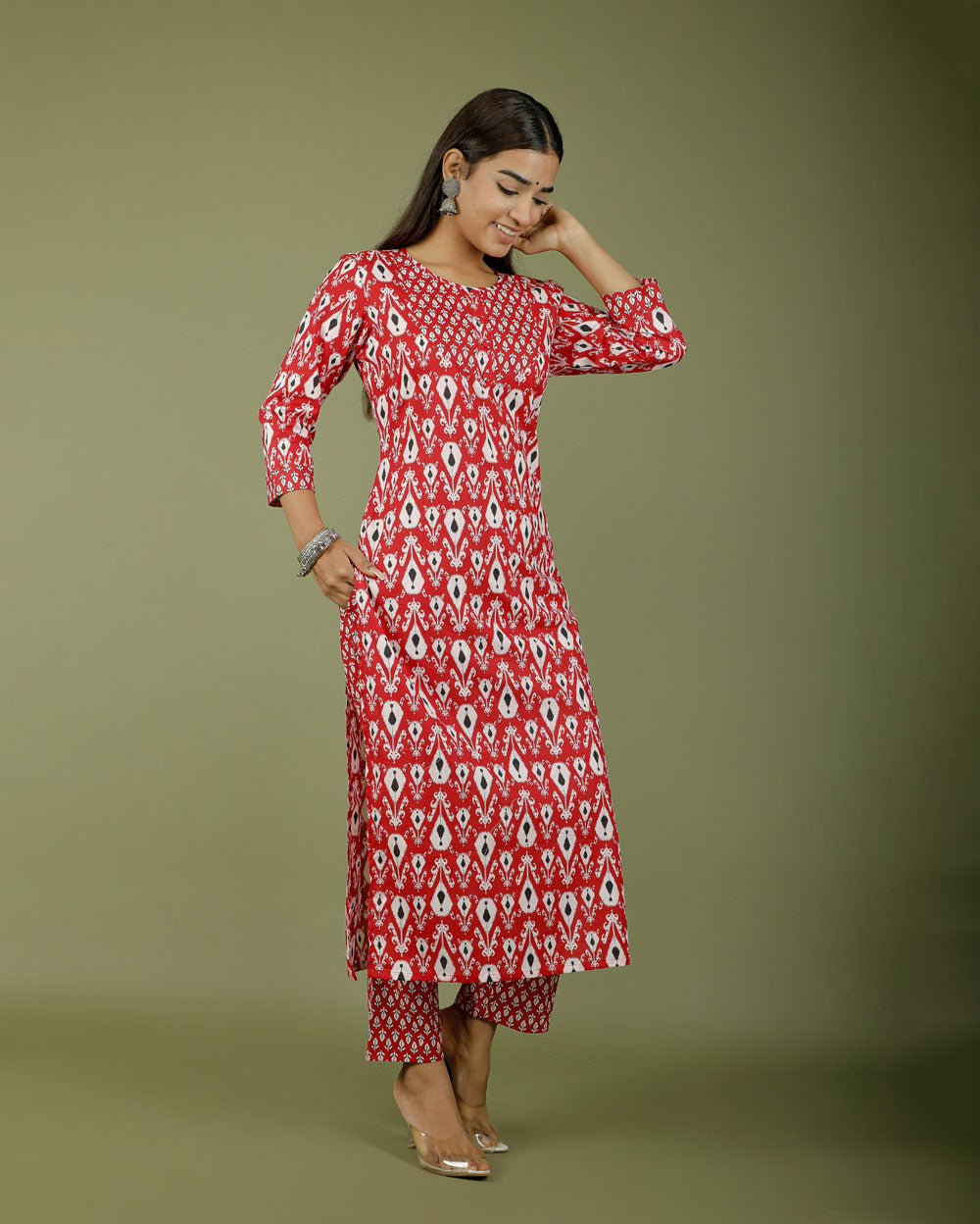 Apple Red Abstract Hand block Printed Cotton Kurti Pant Set