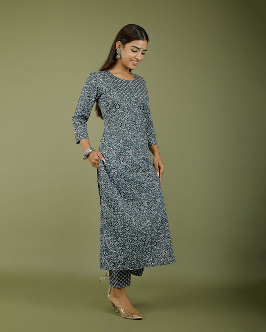 Slate Blue Floral Hand block Printed Cotton Kurti Pant Set