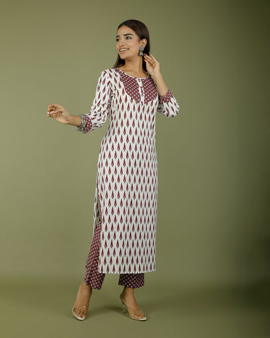 White Red Tilak Hand block Printed Cotton Kurti Pant Set