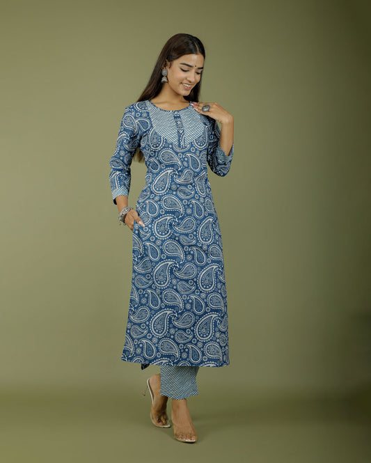 Indigo Blue Paisley Hand block Printed Cotton Kurti Pant Set