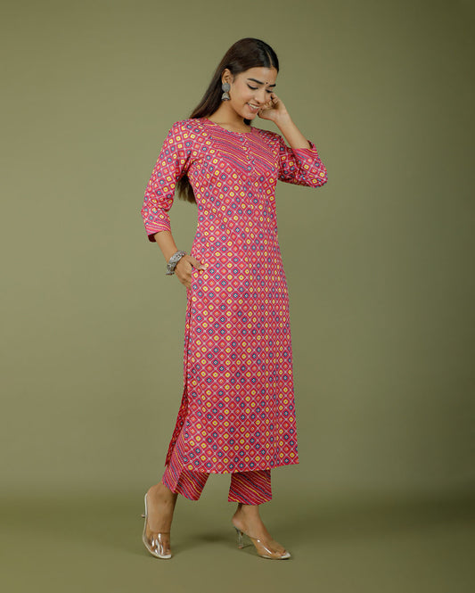 Pink Bhandej Hand block Printed Cotton Kurti Pant Set
