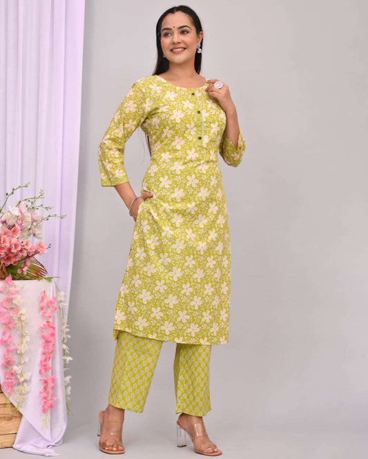 Olive Green Floral Hand block Printed Cotton Kurti Pant Set