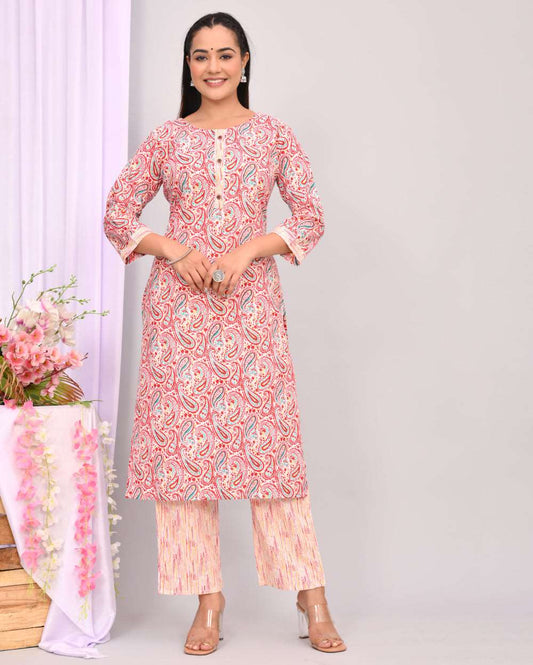 Multi Color Paisley Hand block Printed Cotton Kurti Pant Set