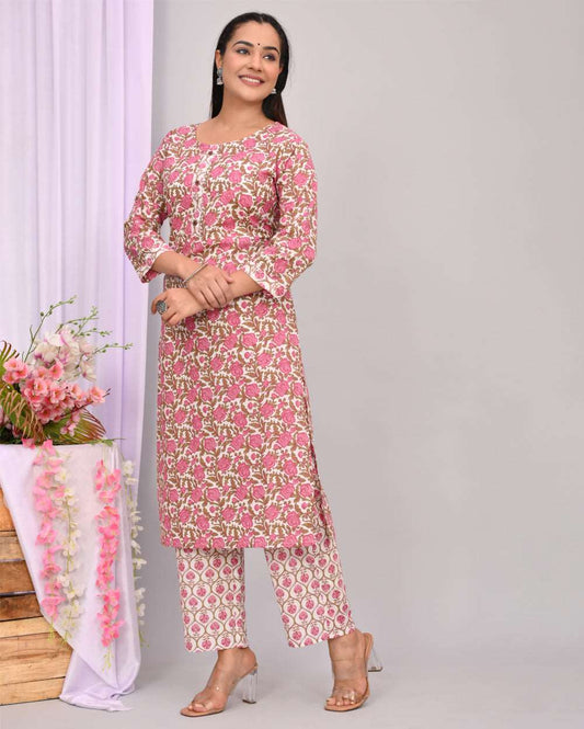 Rose Pink Floral Hand block Printed Cotton Kurti Pant Set