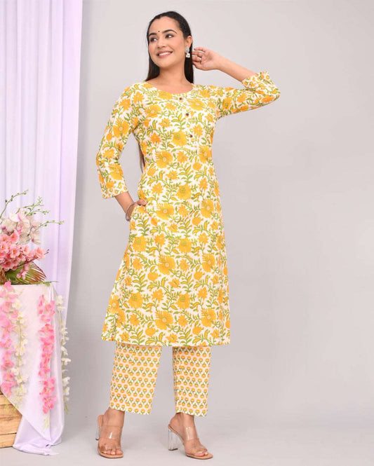 Yellow Floral Hand block Printed Cotton Kurti Pant Set