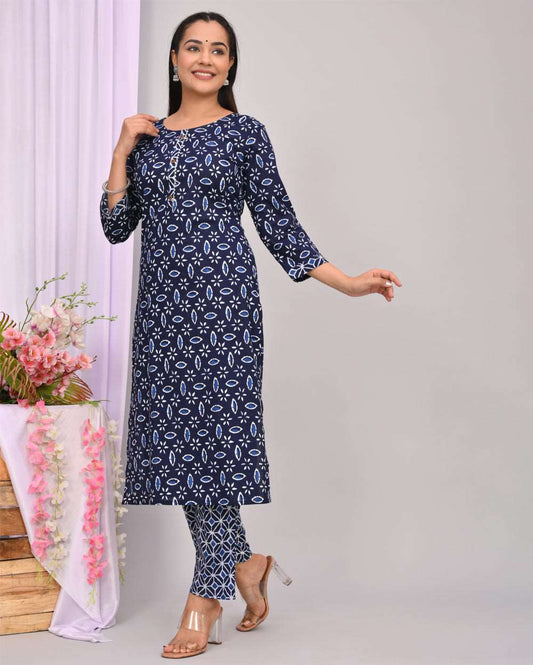 Indigo Blue Hand block Printed Cotton Kurti Pant Set