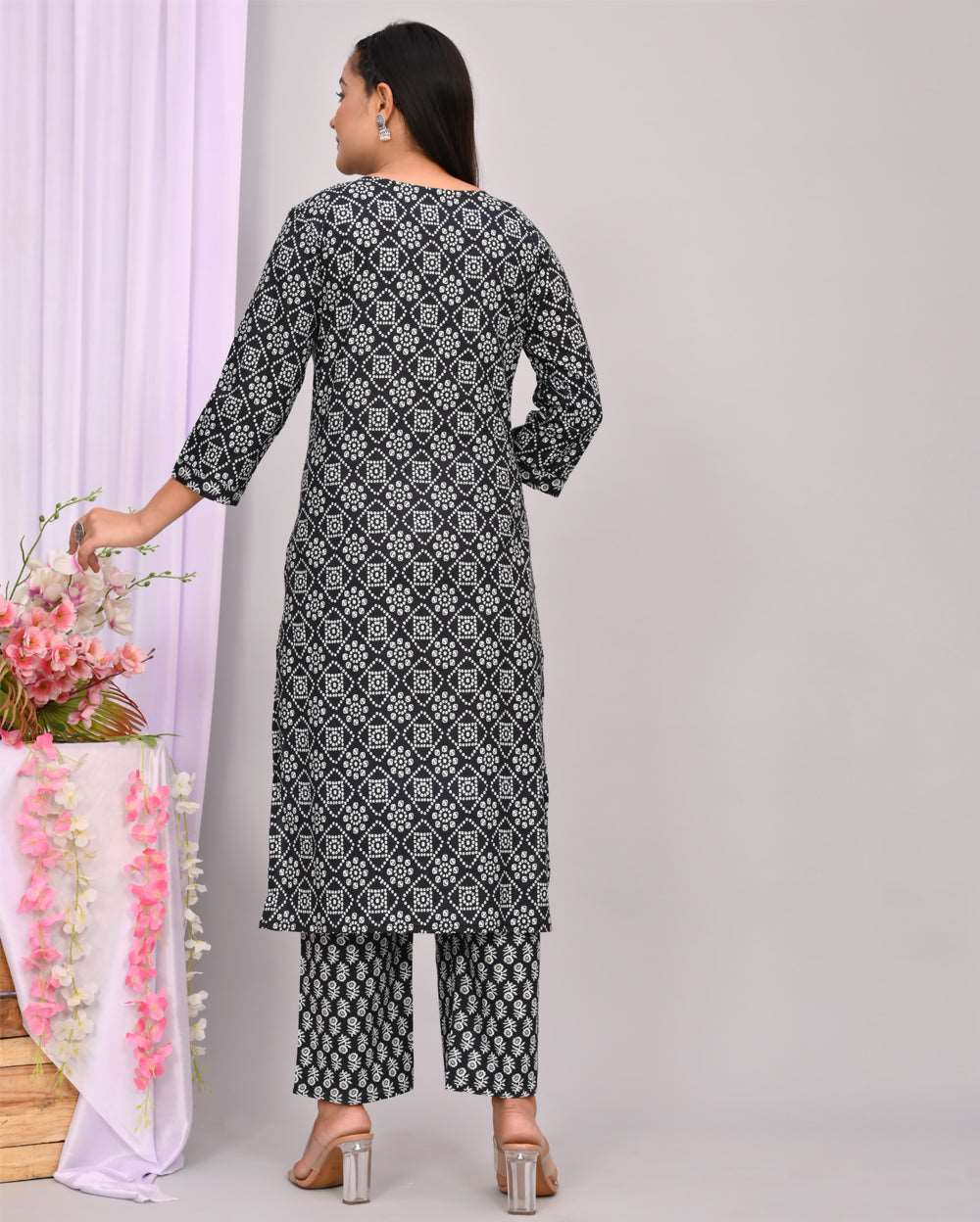 Black Hand block Printed Cotton Kurti Pant Set