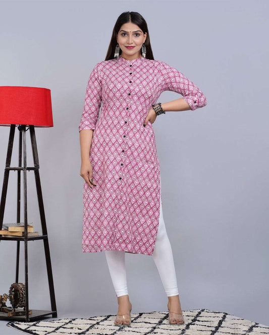Pink Rhombus Block Printed Knee Length Cotton Kurti