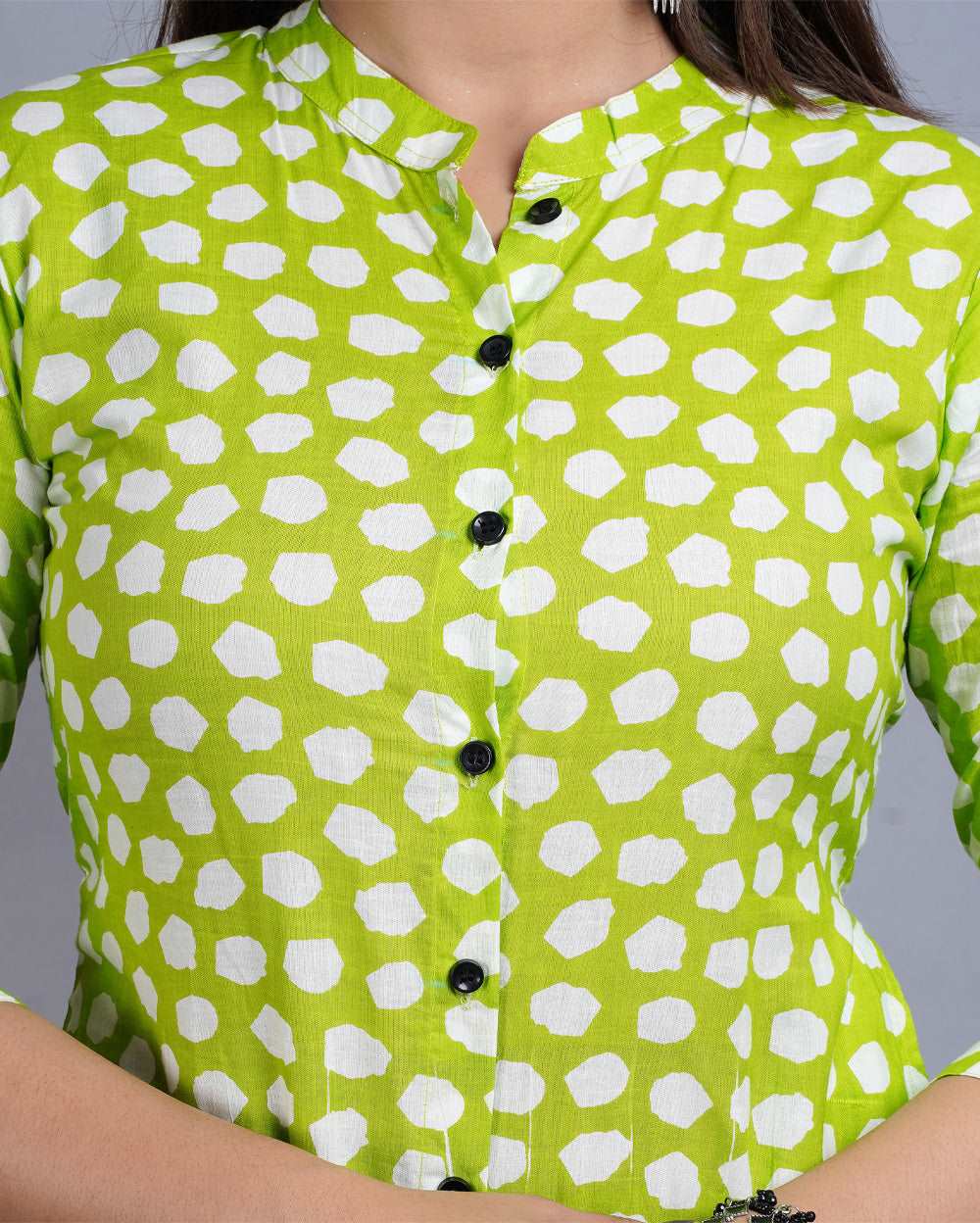 Lawn Green Block Printed Knee Length Cotton Kurti