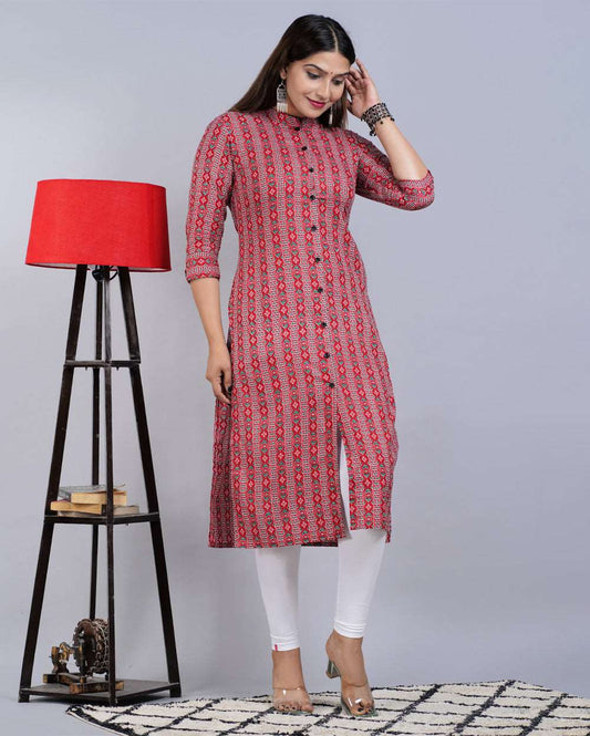 Red Abstract Block Printed Knee Length Cotton Kurti
