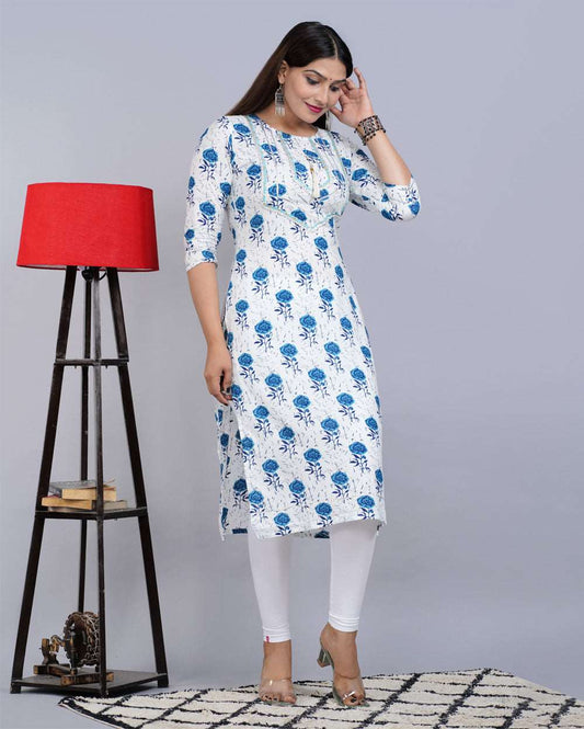 Blue Rose Block Printed Knee Length Cotton Kurti With Gota Work On Neck