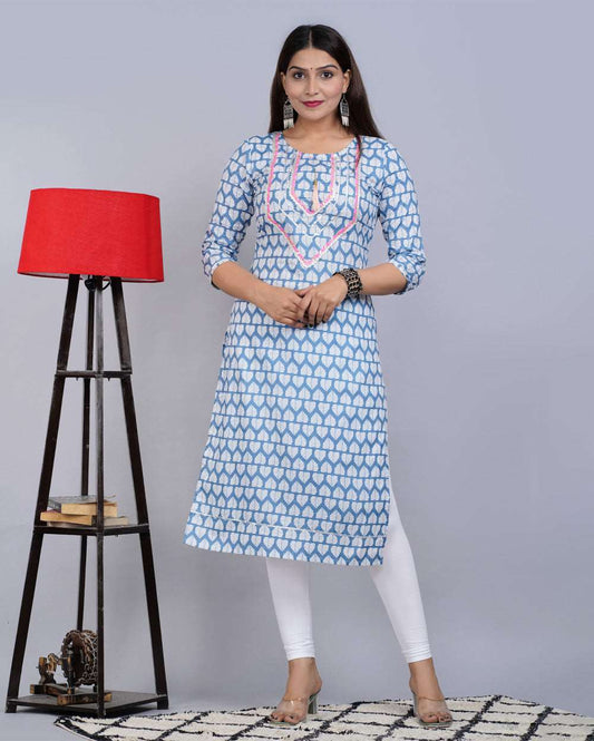 Sky Blue Paan Block Printed Knee Length Cotton Kurti With Gota Work On Neck