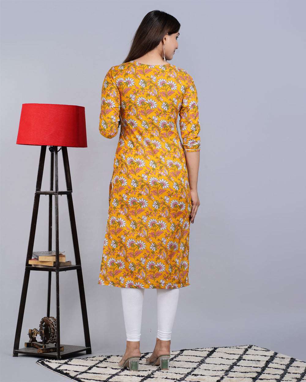 Floral Block Printed Knee Length Cotton Kurti With Gota Work On Neck