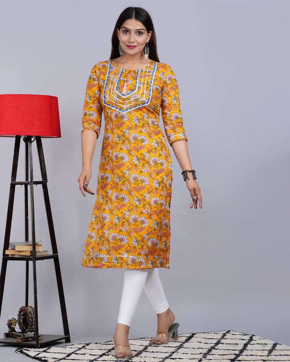 Floral Block Printed Knee Length Cotton Kurti With Gota Work On Neck
