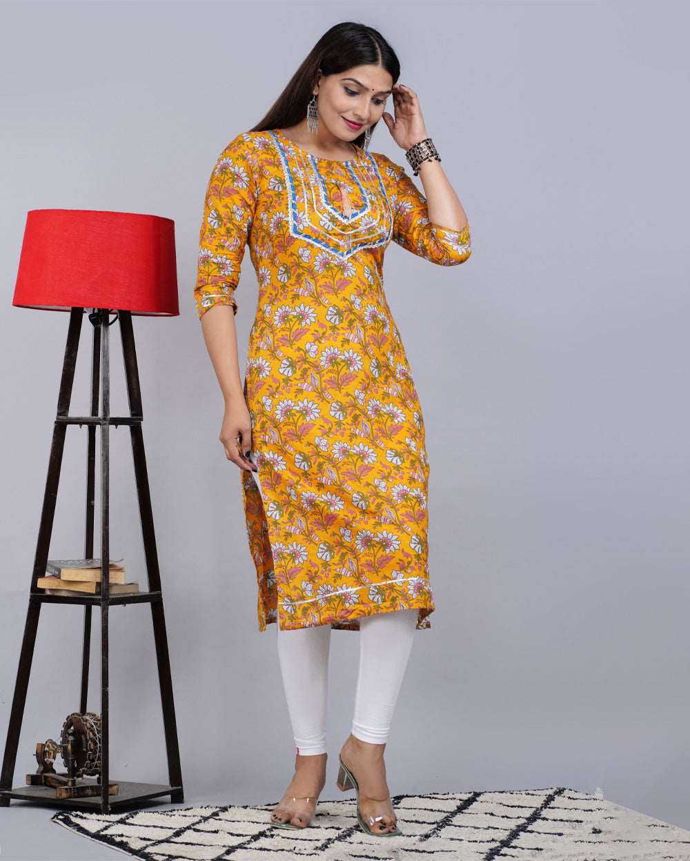 Floral Block Printed Knee Length Cotton Kurti With Gota Work On Neck