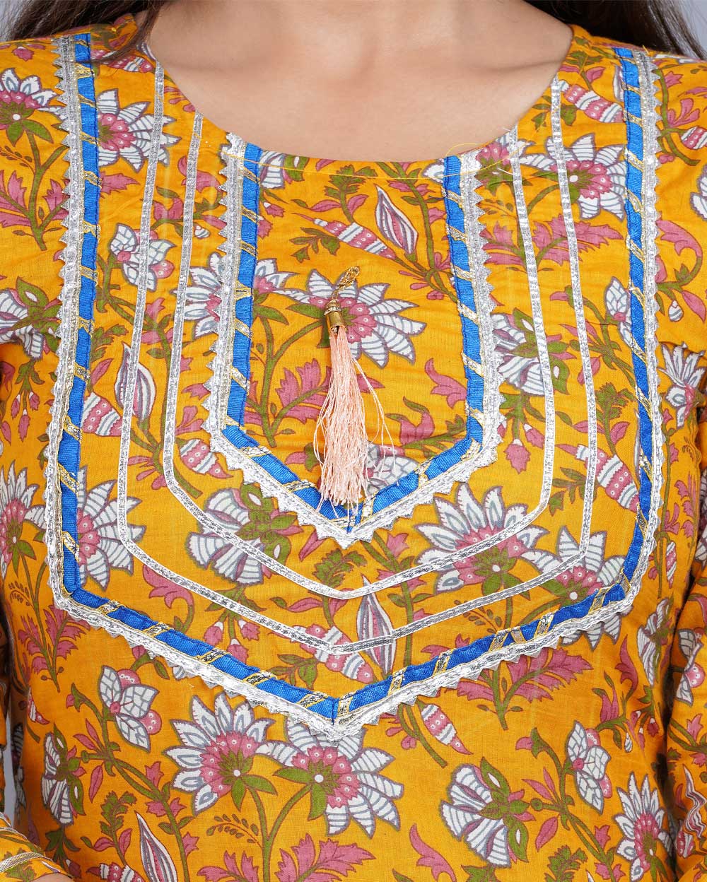 Floral Block Printed Knee Length Cotton Kurti With Gota Work On Neck