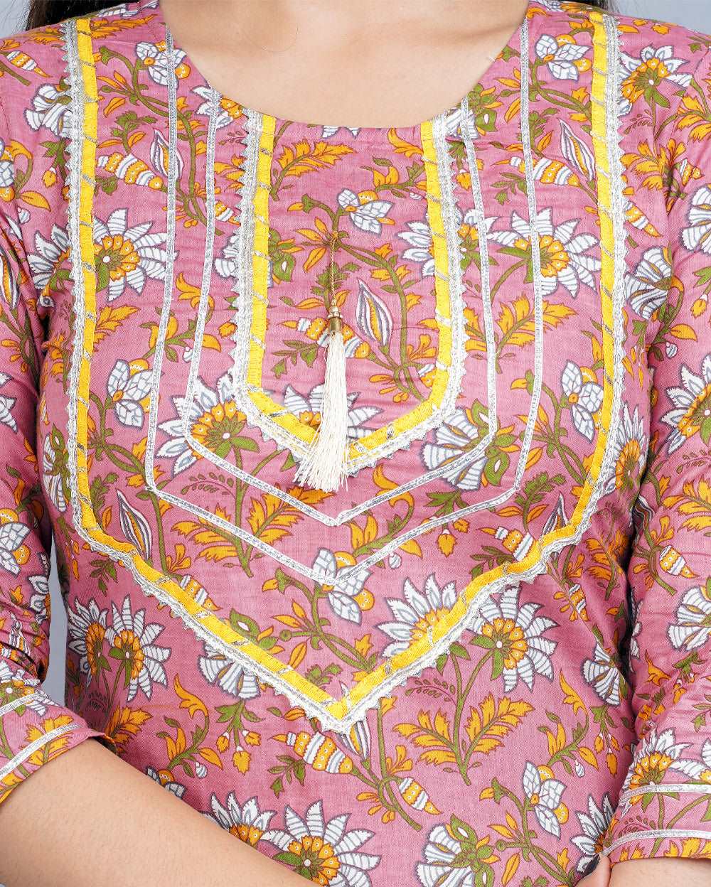 Floral Block Printed Knee Length Cotton Kurti With Gota Work On Neck