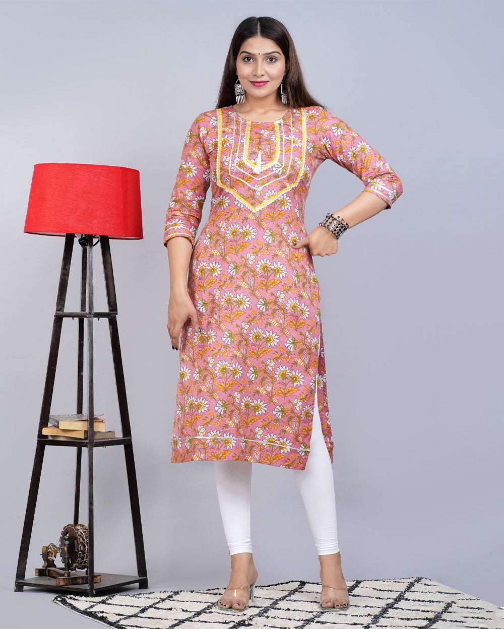 Floral Block Printed Knee Length Cotton Kurti With Gota Work On Neck